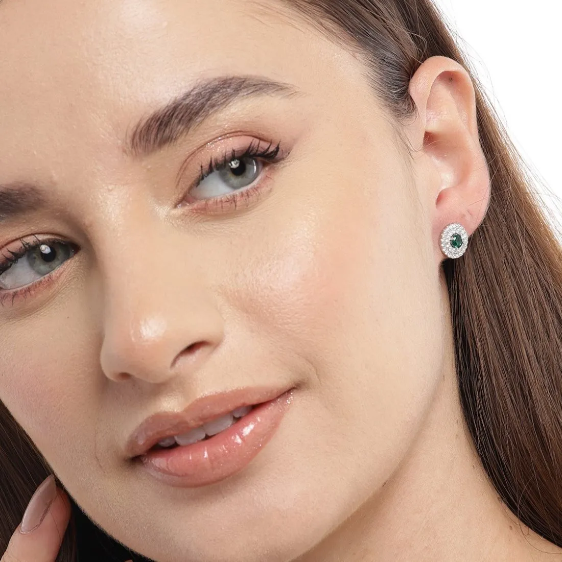 Emerald Solitaire Sparkle Rhodium-Plated CZ 925 Sterling Silver Earrings