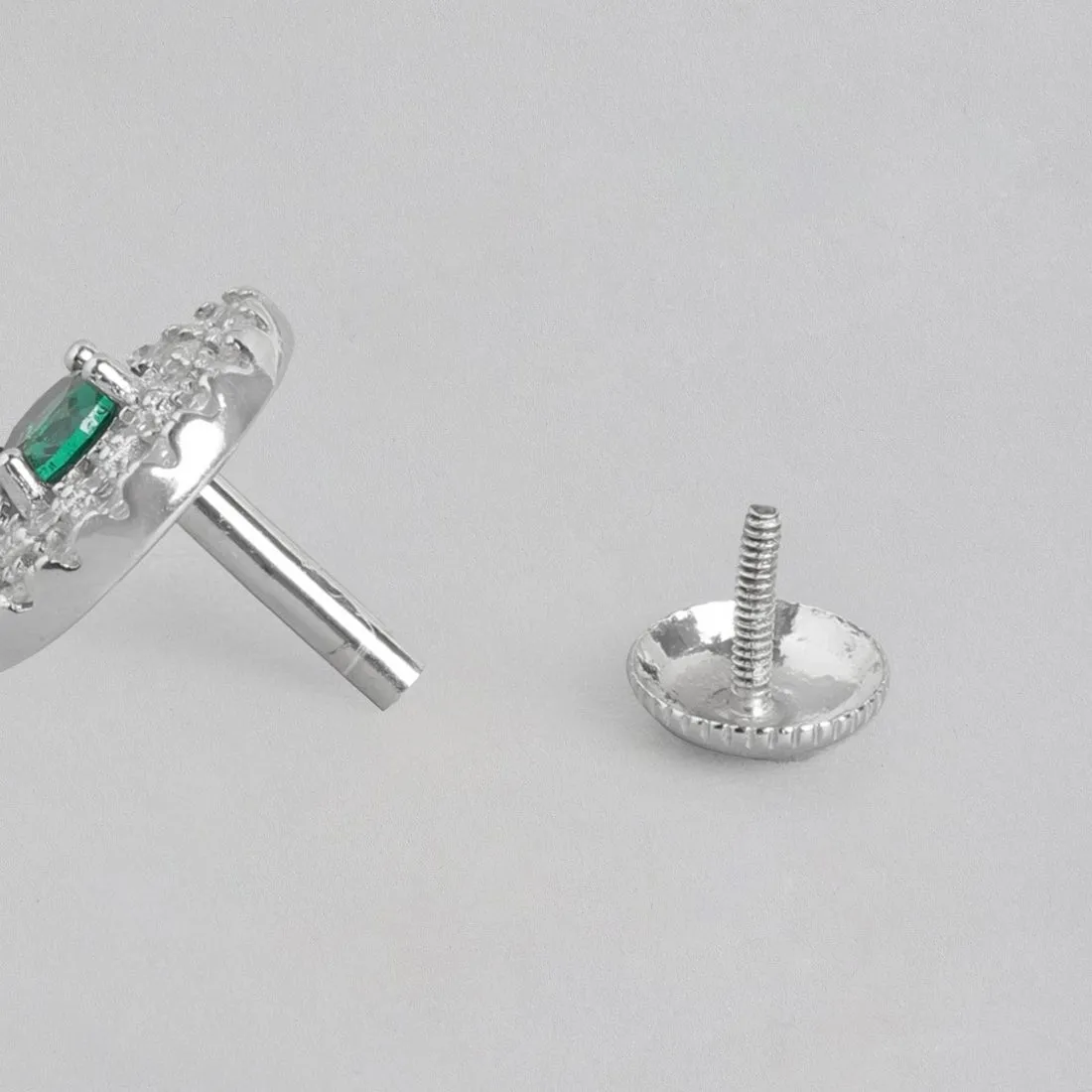 Emerald Solitaire Sparkle Rhodium-Plated CZ 925 Sterling Silver Earrings
