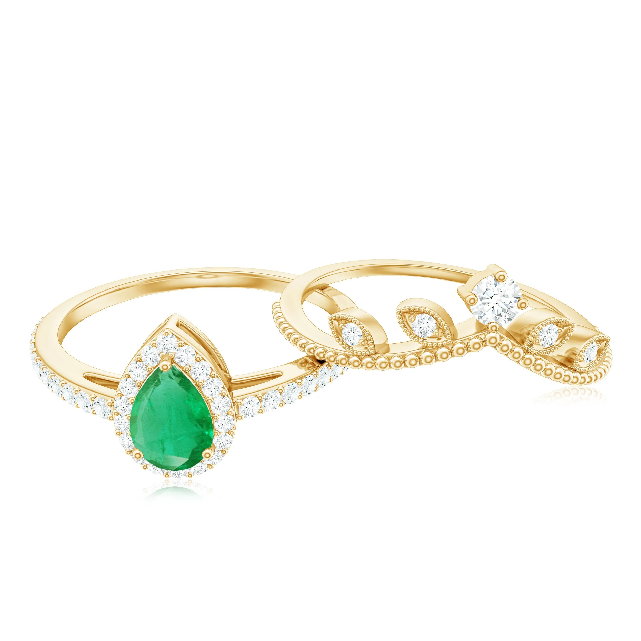 Emerald Vintage Teardrop Wedding Ring Set with Diamond