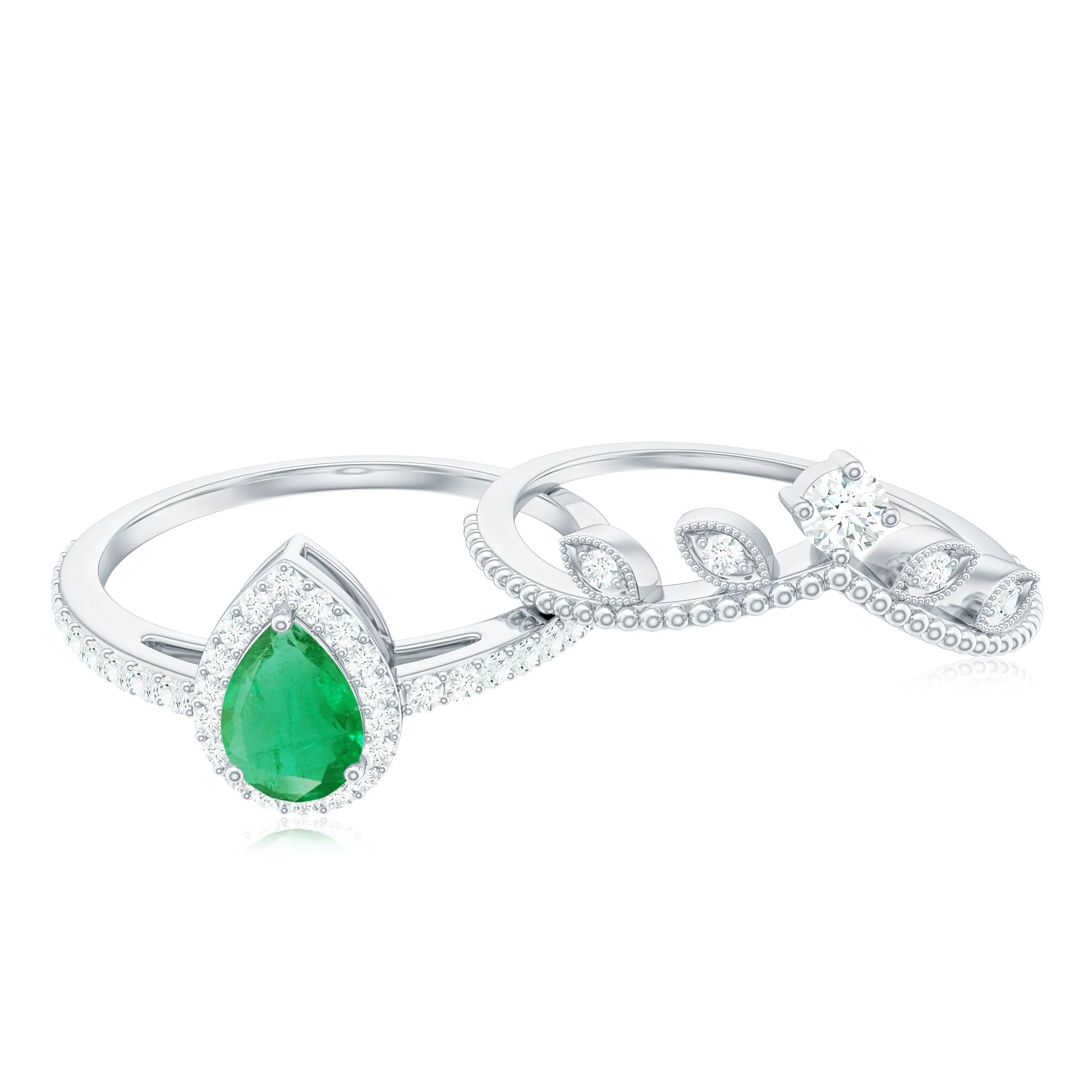 Emerald Vintage Teardrop Wedding Ring Set with Diamond