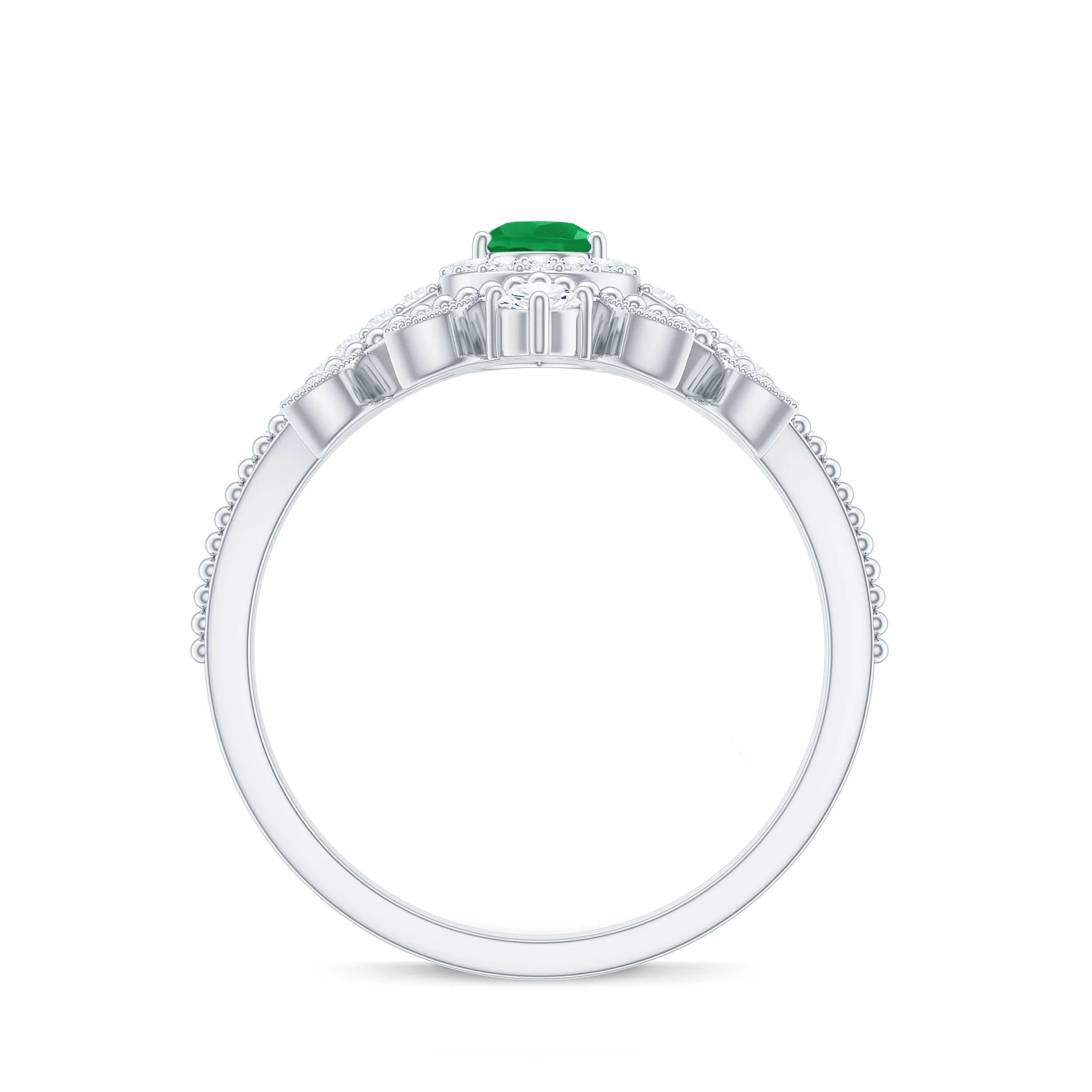 Emerald Vintage Teardrop Wedding Ring Set with Diamond