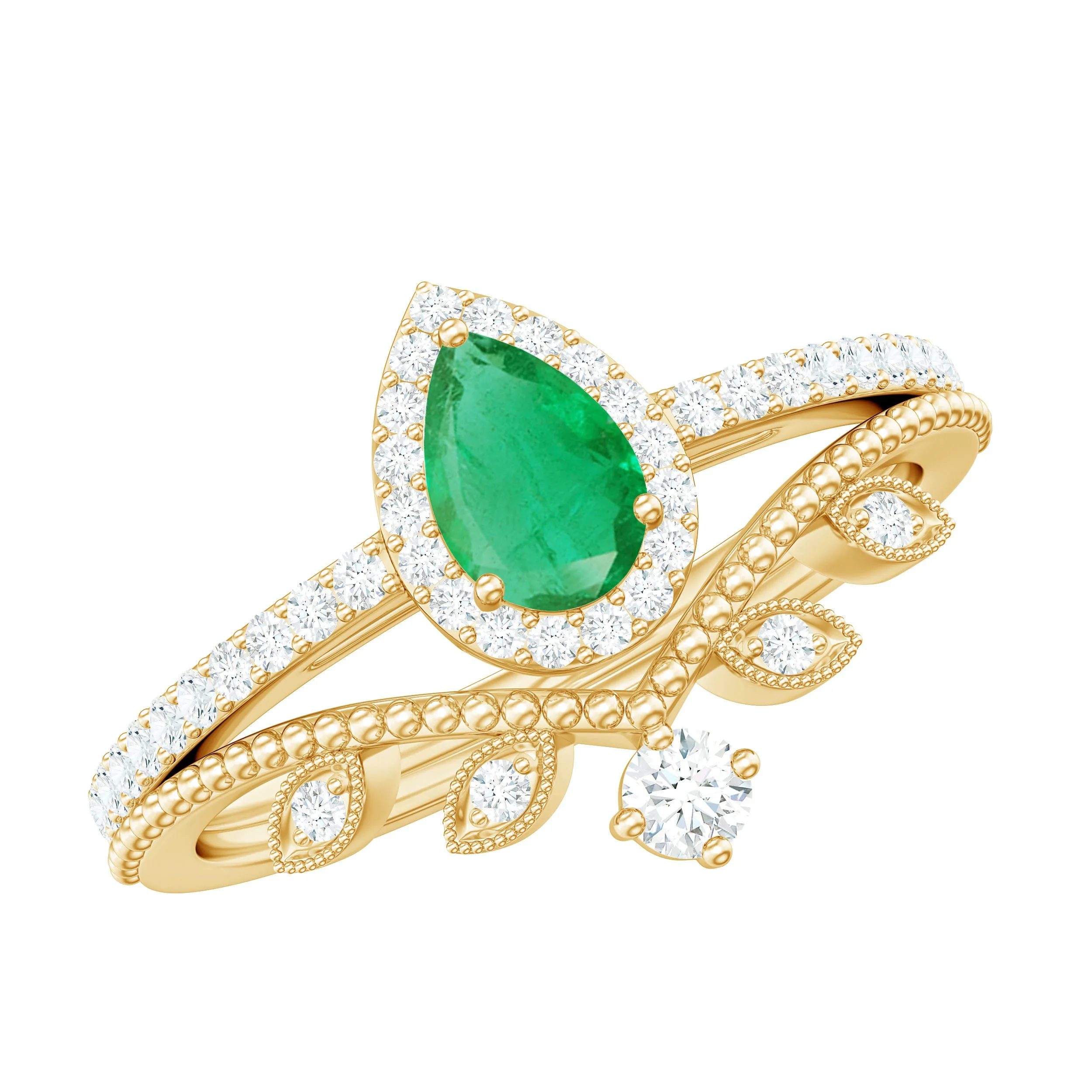 Emerald Vintage Teardrop Wedding Ring Set with Diamond