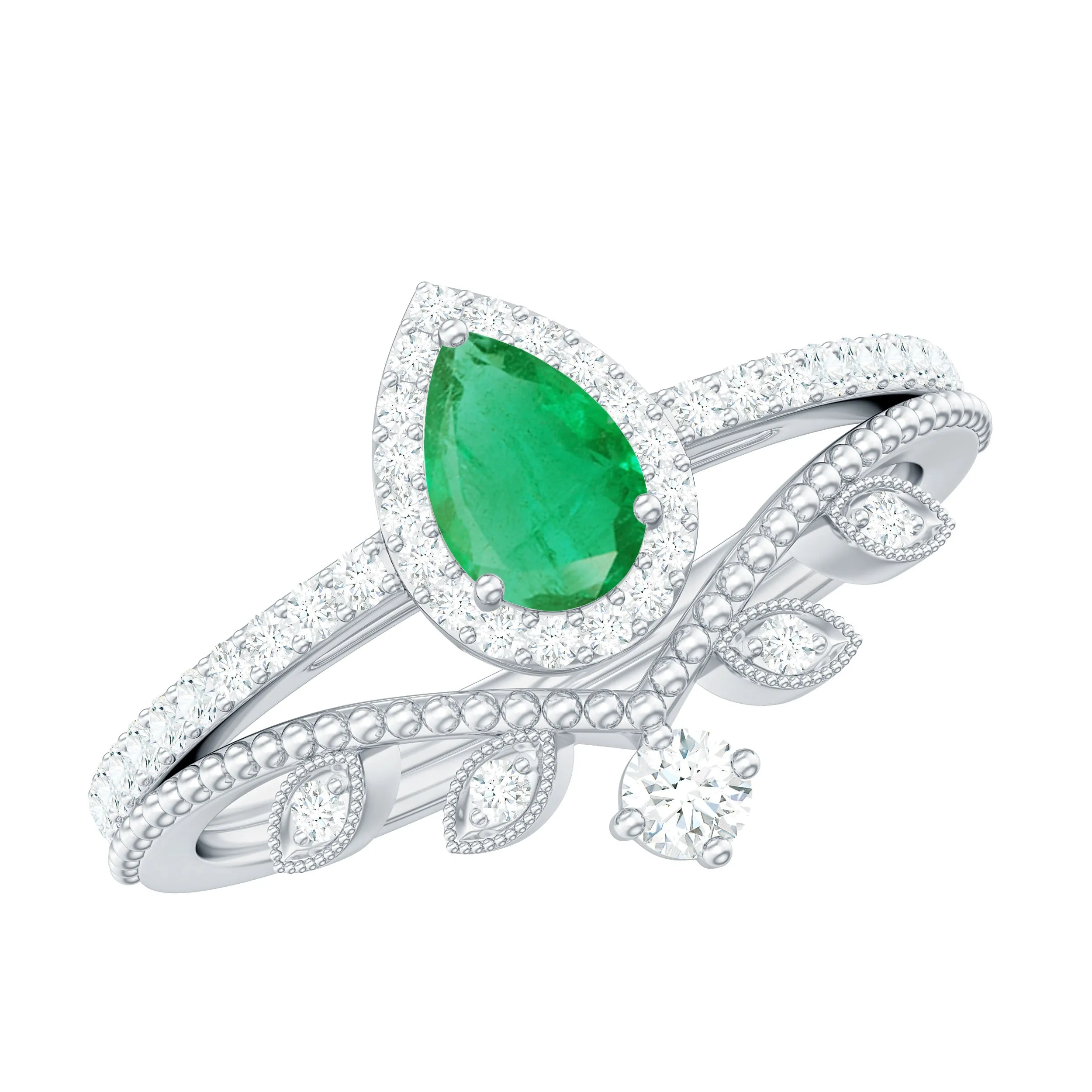 Emerald Vintage Teardrop Wedding Ring Set with Diamond