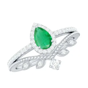 Emerald Vintage Teardrop Wedding Ring Set with Diamond