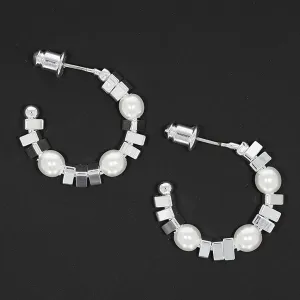 Equilibrium Silver Plated Contemporary Pearl Hoop Earrings