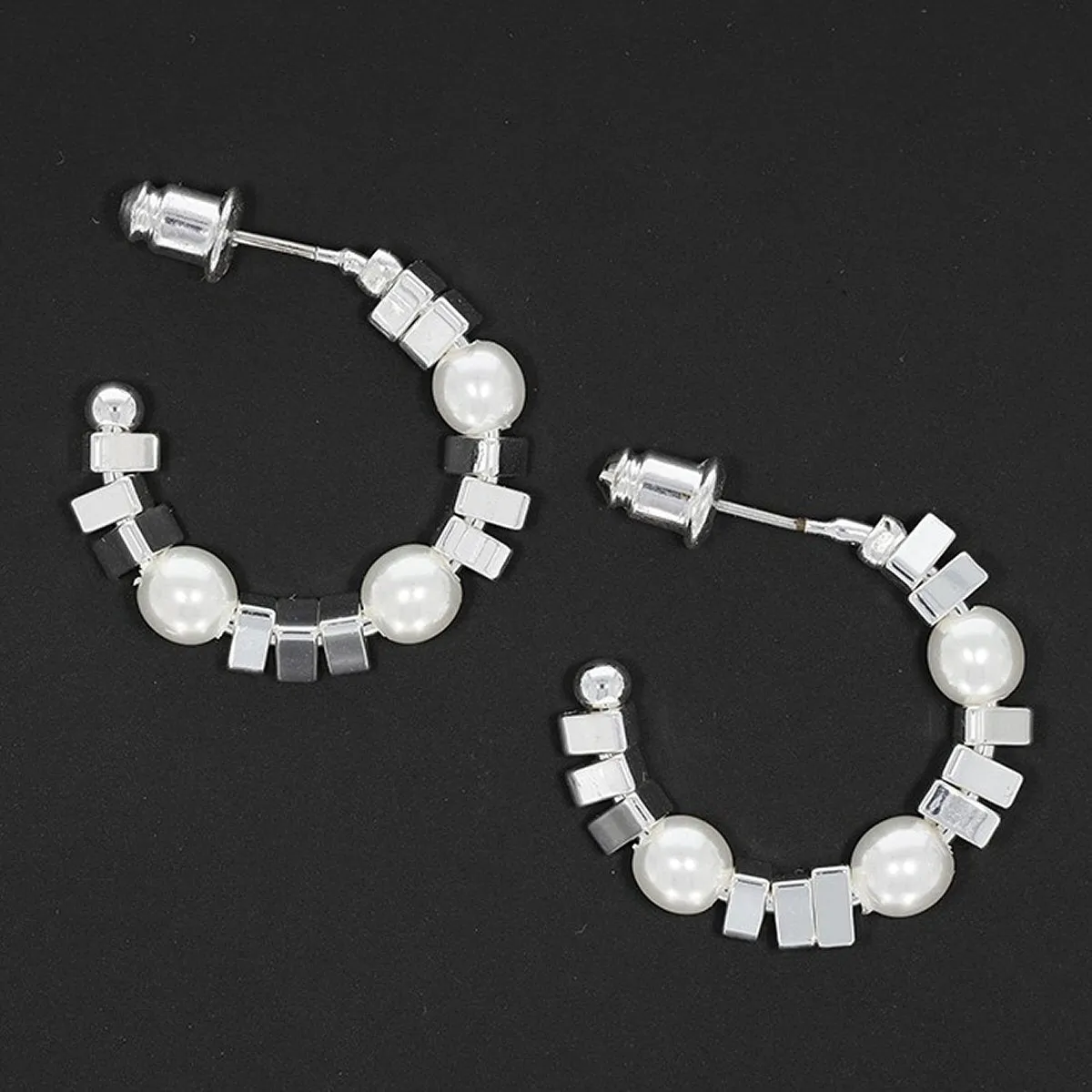 Equilibrium Silver Plated Contemporary Pearl Hoop Earrings