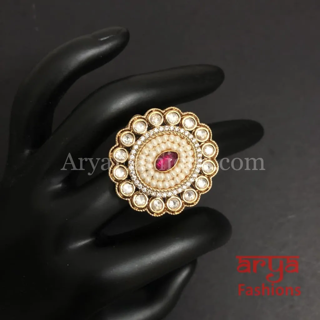 Esha Pearl Kundan Jadau CZ Round Ring