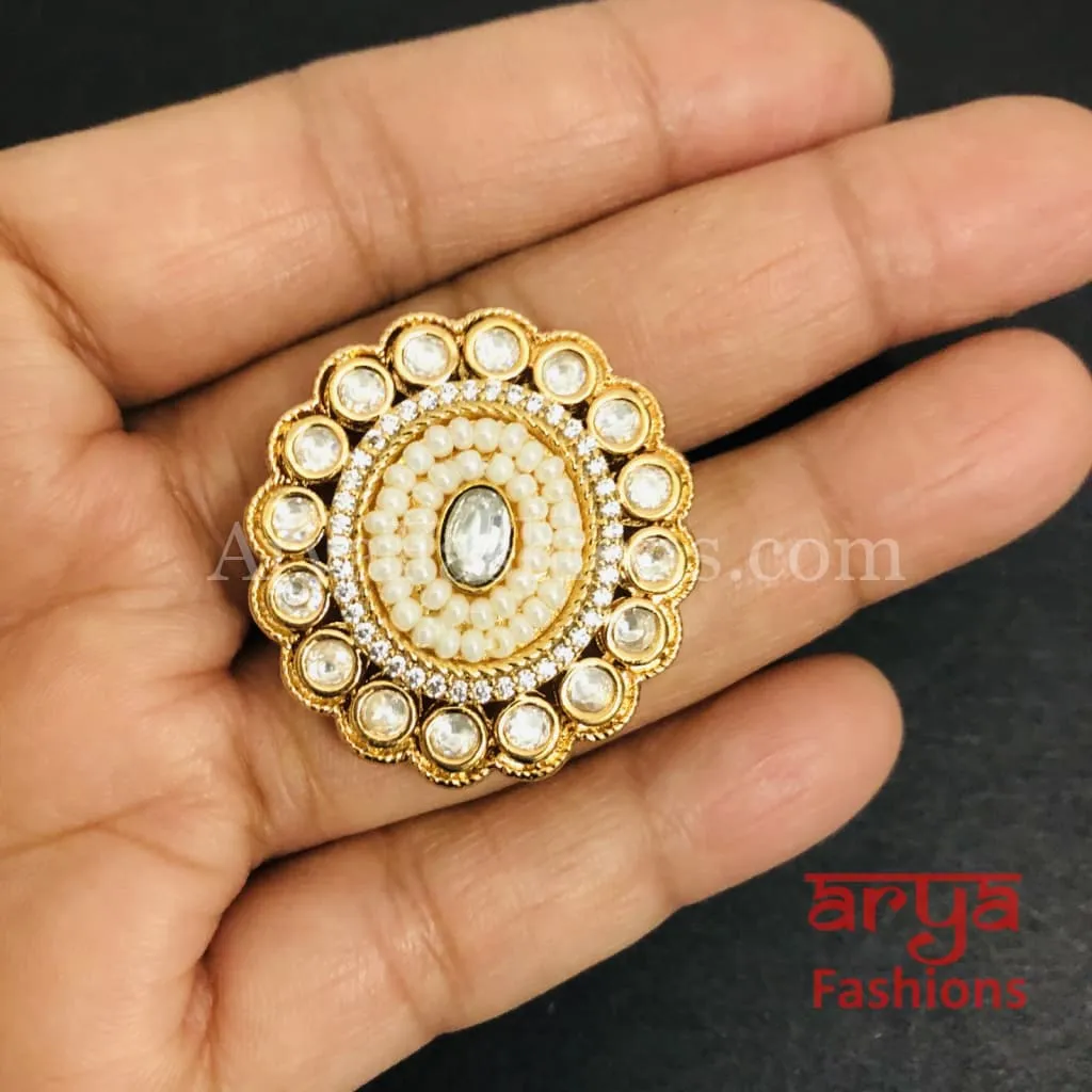 Esha Pearl Kundan Jadau CZ Round Ring