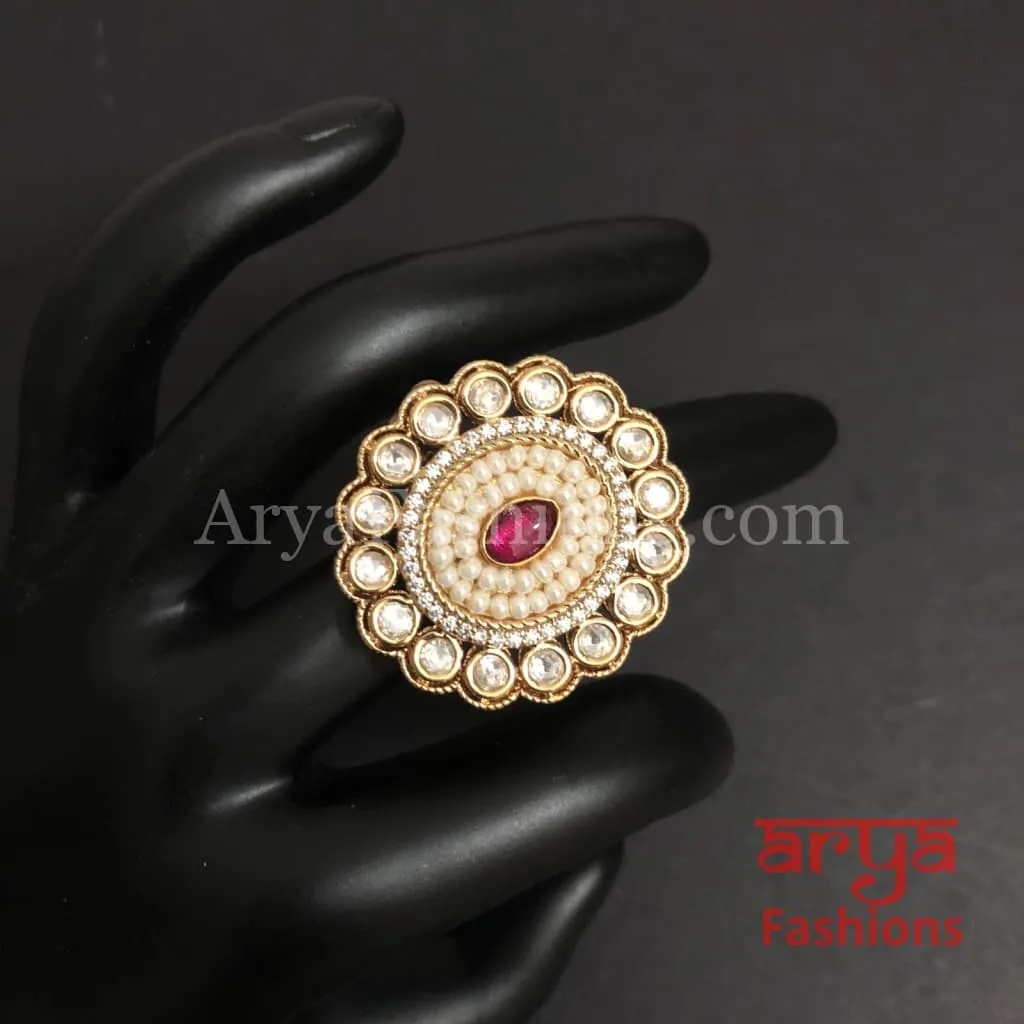 Esha Pearl Kundan Jadau CZ Round Ring
