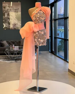 Etta One Sleeve Elegant Pink  Evening Dress