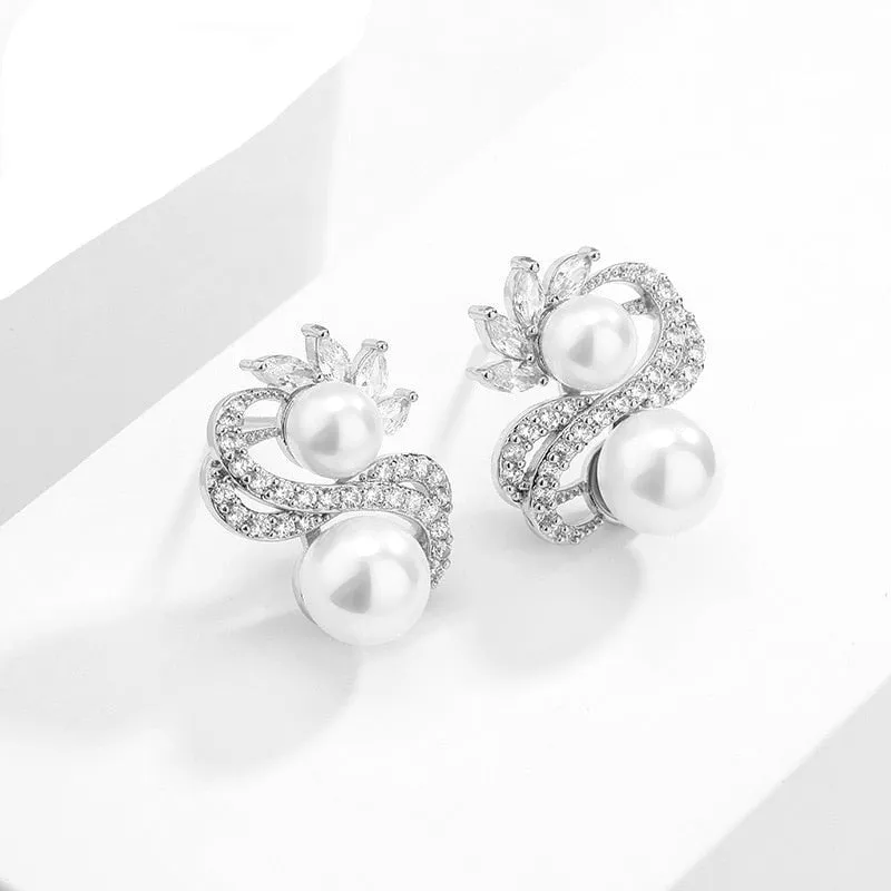 Exquisite Double Row Winding Pearl  Zircon Earrings for Women