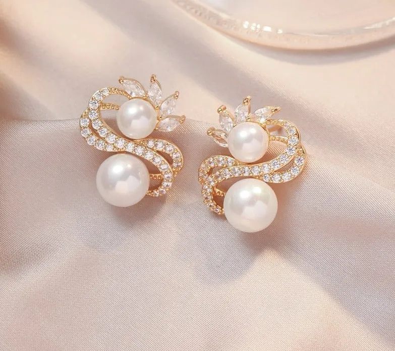 Exquisite Double Row Winding Pearl  Zircon Earrings for Women