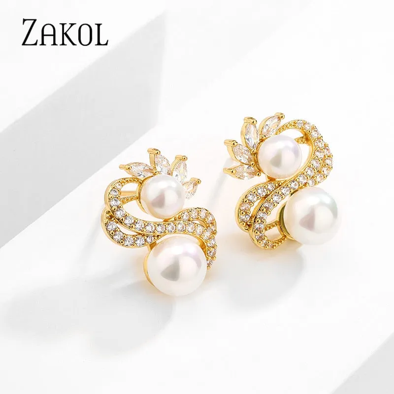 Exquisite Double Row Winding Pearl  Zircon Earrings for Women