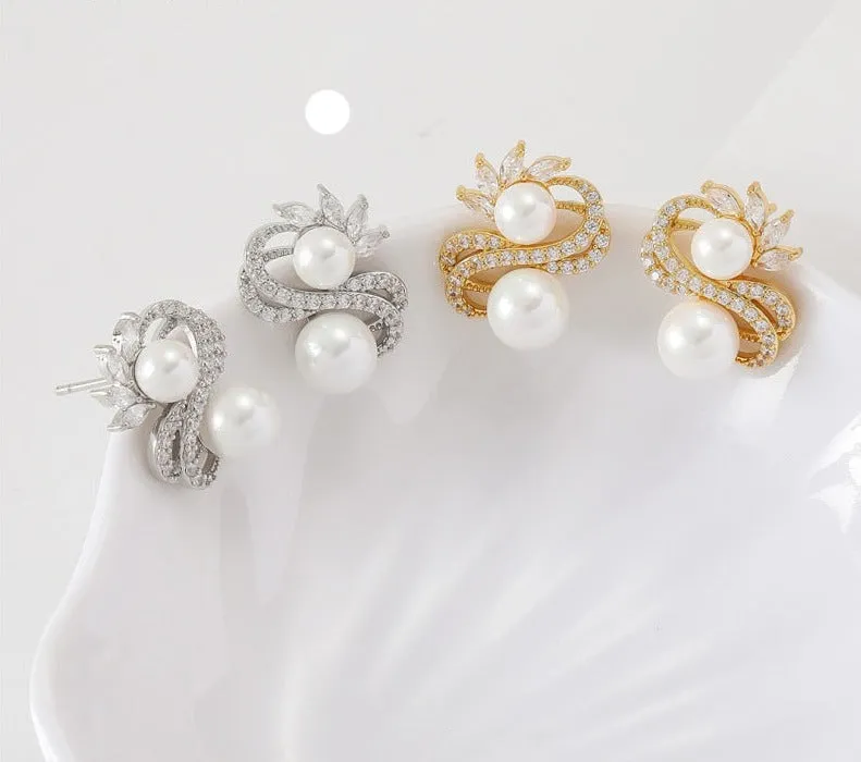 Exquisite Double Row Winding Pearl  Zircon Earrings for Women