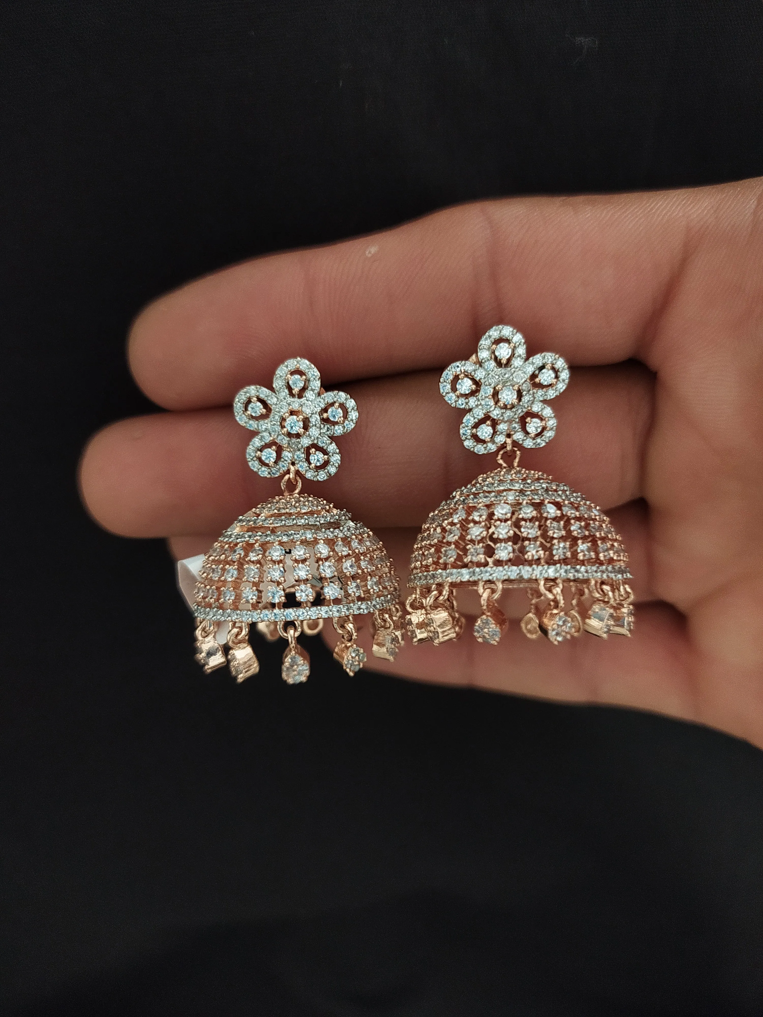 Floral Studded Rose-Gold Jhumki Crafted with Zircon Stones
