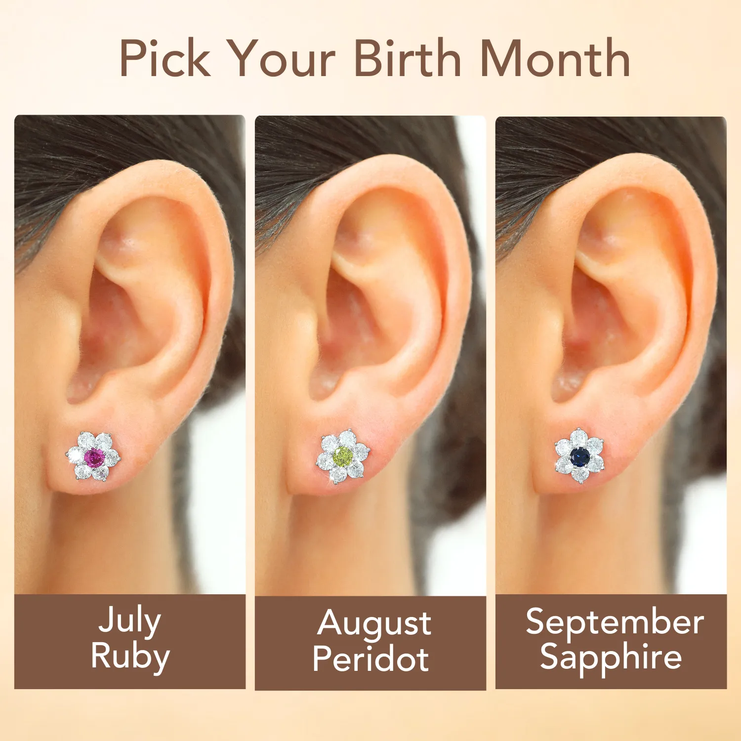 Flower Birthstone Stud Earrings, In 925 Sterling Silver Simulated Birthstone & CZ Studs for Girls, 12 Colors Available