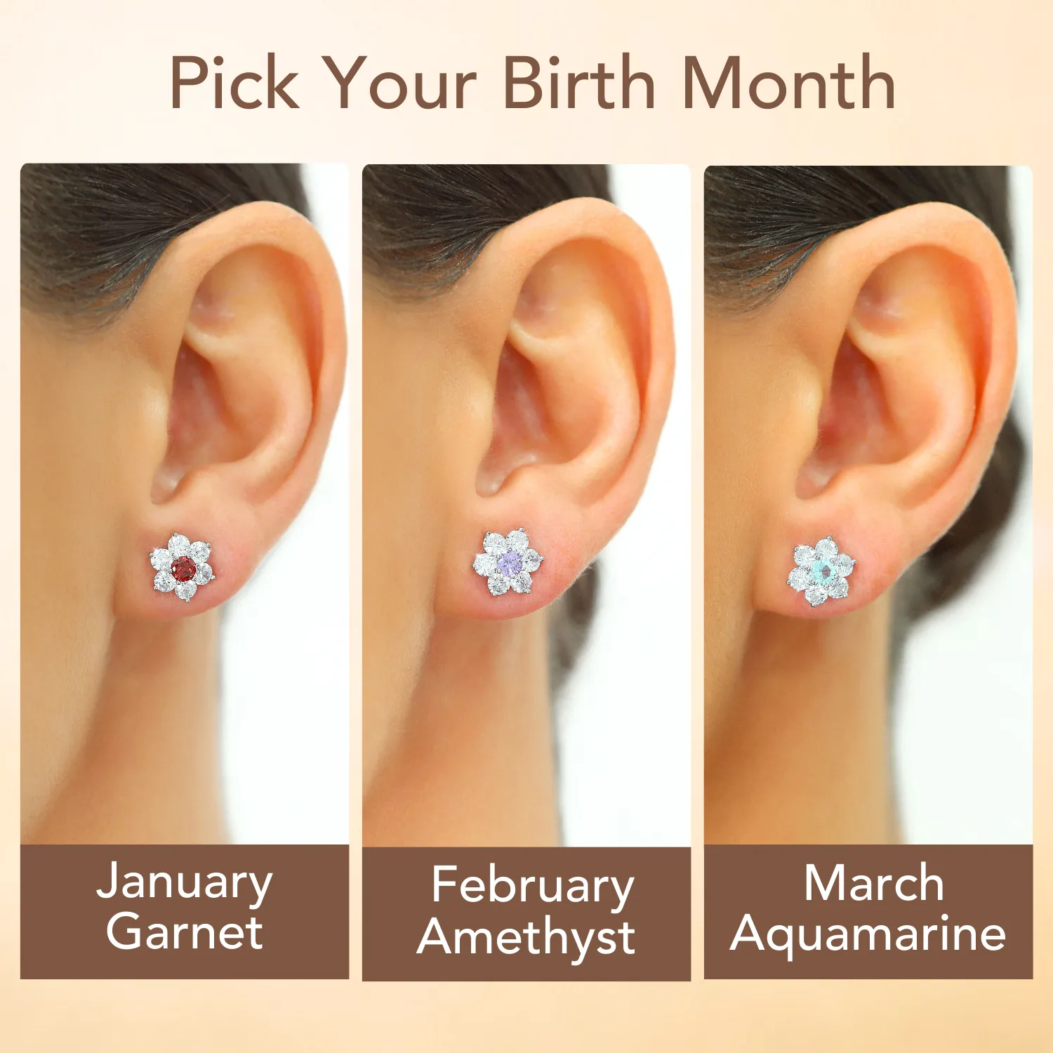 Flower Birthstone Stud Earrings, In 925 Sterling Silver Simulated Birthstone & CZ Studs for Girls, 12 Colors Available