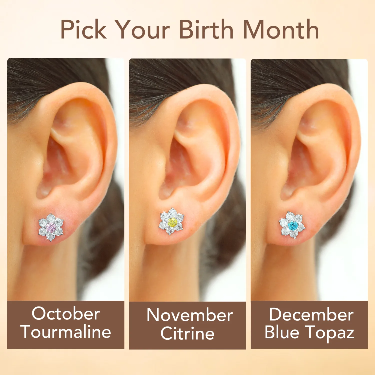 Flower Birthstone Stud Earrings, In 925 Sterling Silver Simulated Birthstone & CZ Studs for Girls, 12 Colors Available