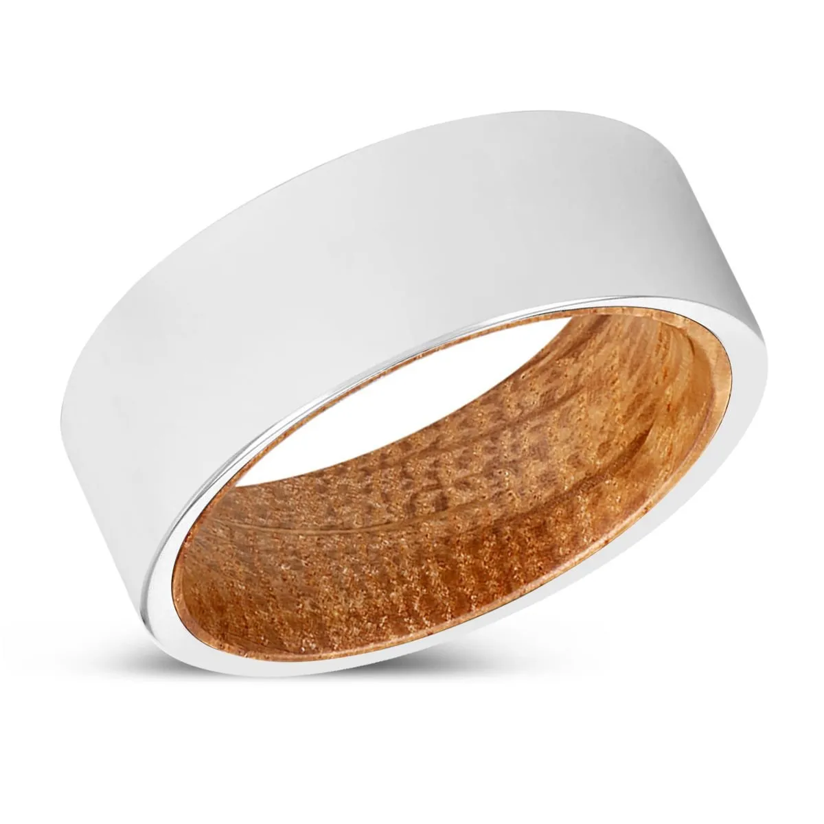 FORREST | Whiskey Barrel Wood, Silver Tungsten Ring, Shiny, Flat