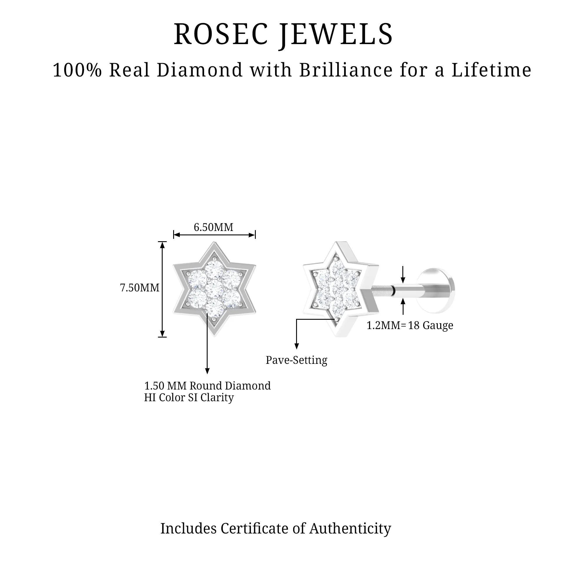 Genuine Diamond Star Earring for Helix Piercing