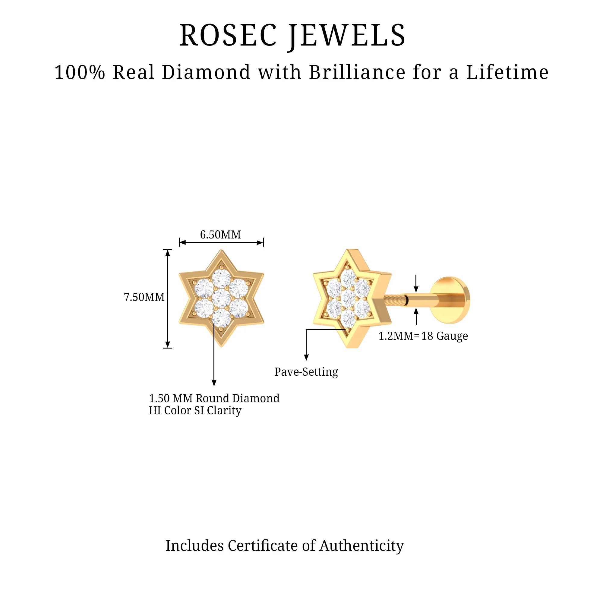 Genuine Diamond Star Earring for Helix Piercing