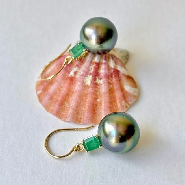 Giant Peacock Tahitian Pearls and Emerald Earrings