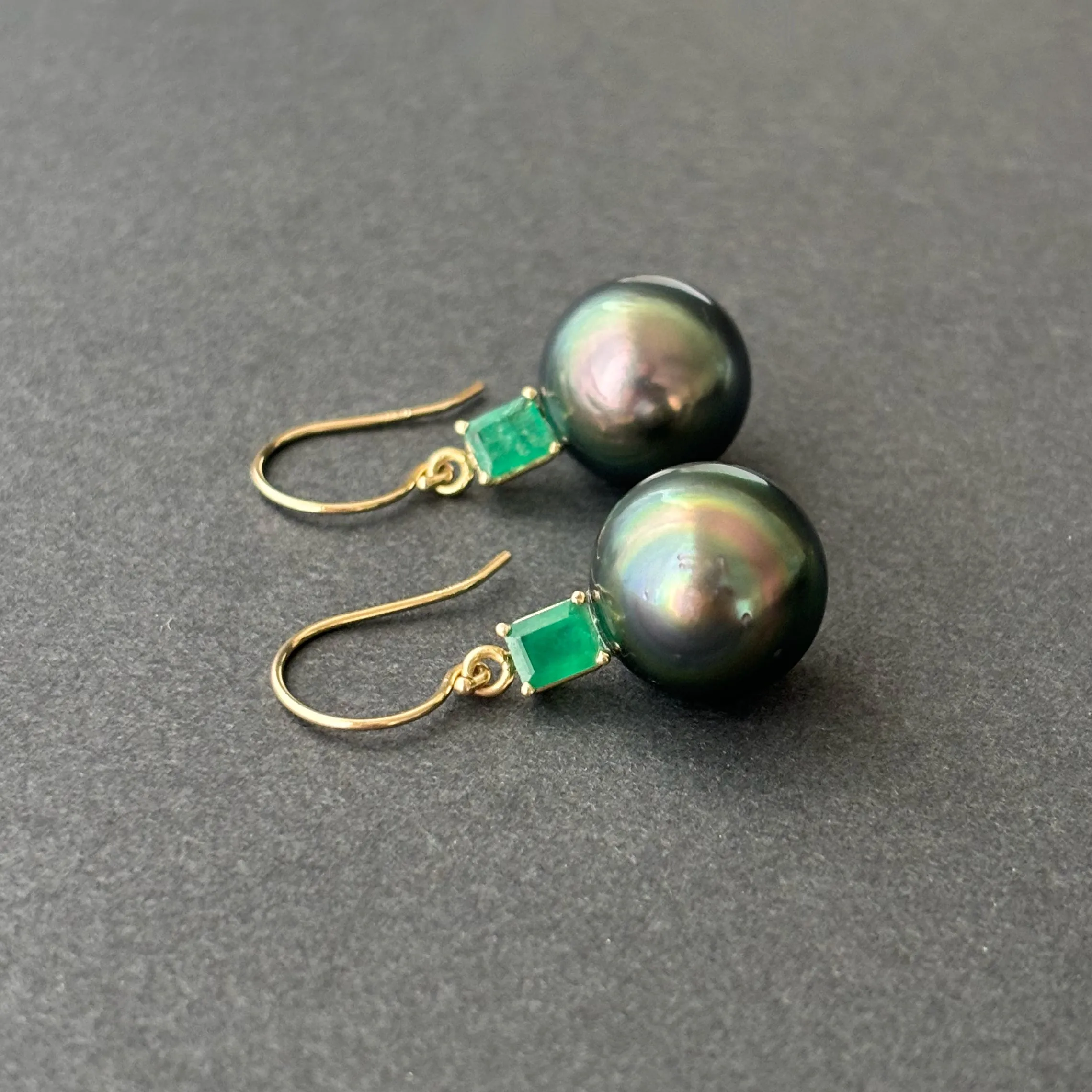 Giant Peacock Tahitian Pearls and Emerald Earrings