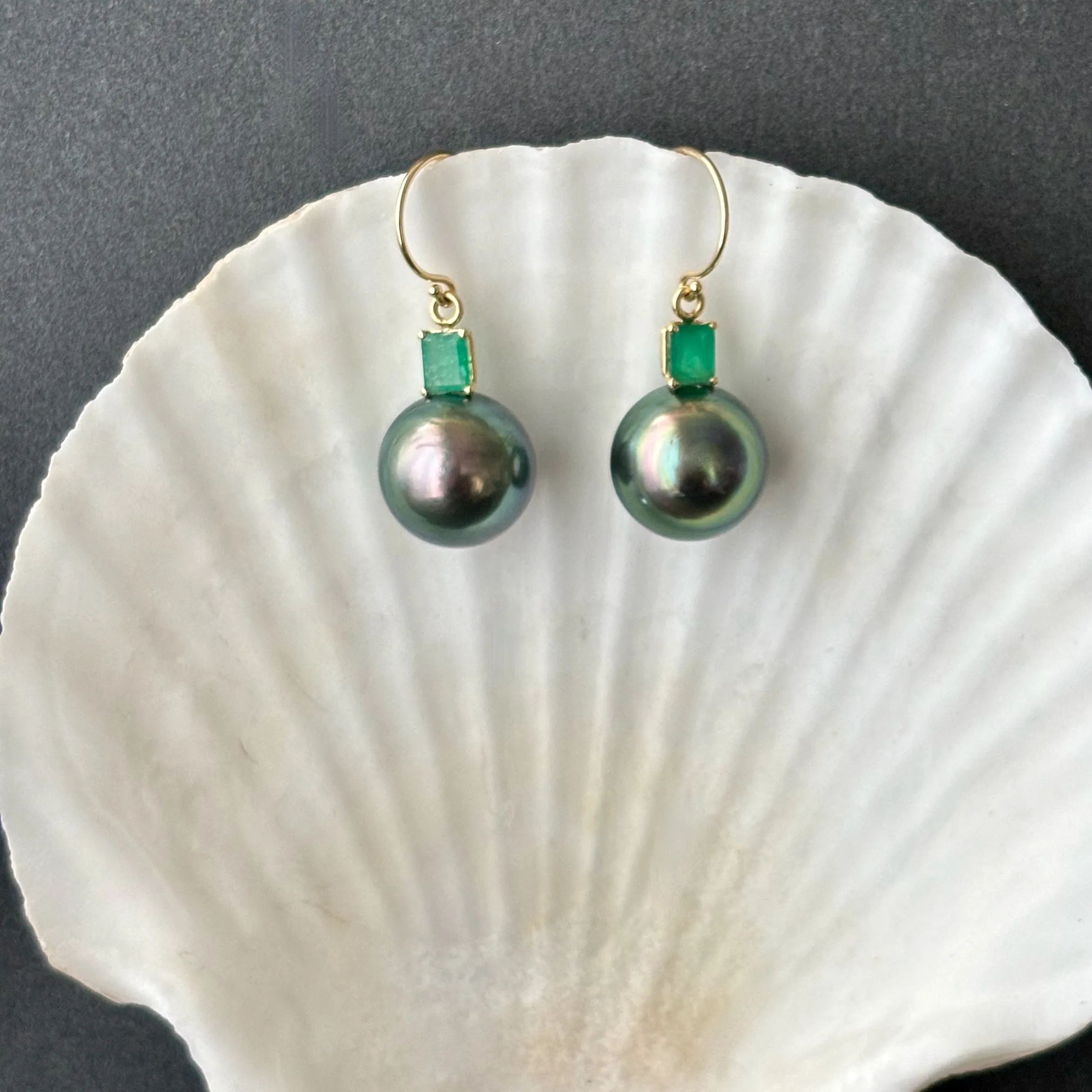 Giant Peacock Tahitian Pearls and Emerald Earrings