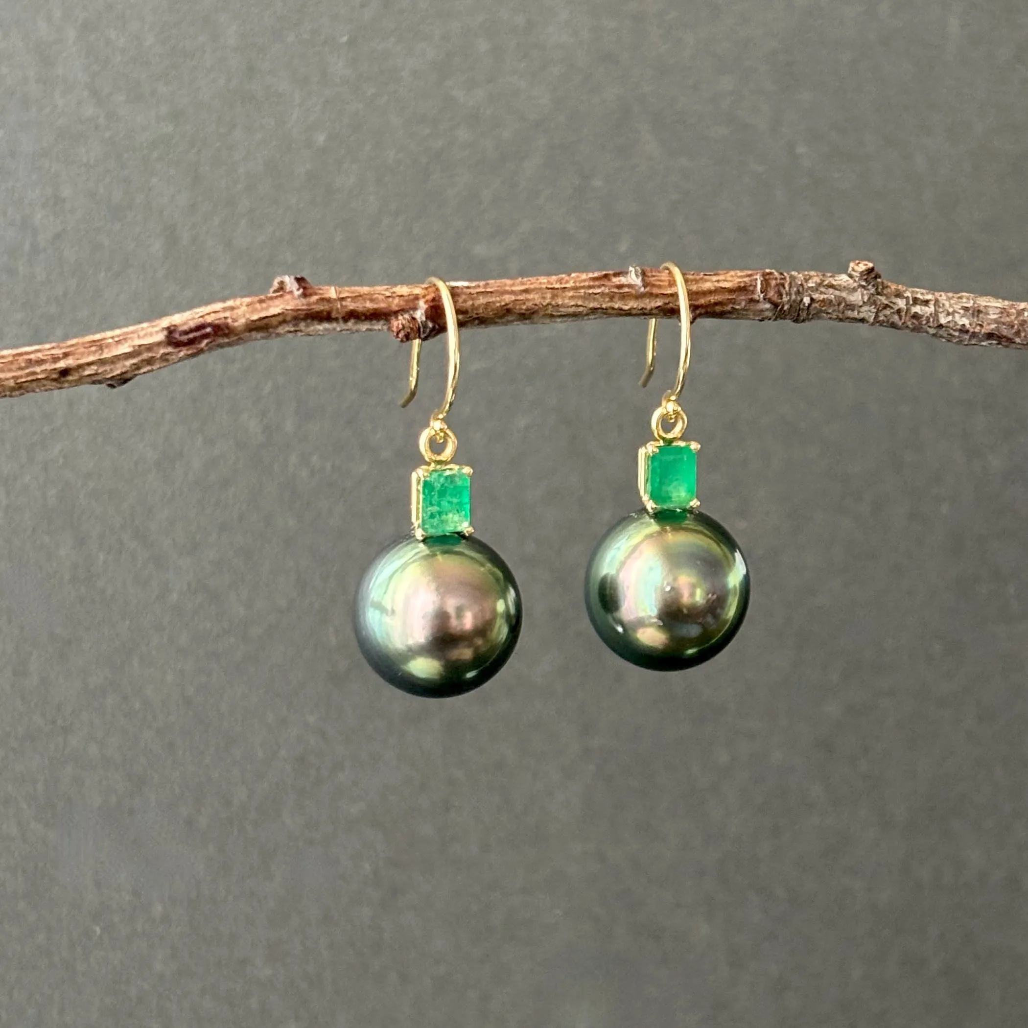 Giant Peacock Tahitian Pearls and Emerald Earrings