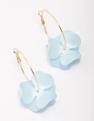 Gold Blue Iridescent Flower Hoop Earrings
