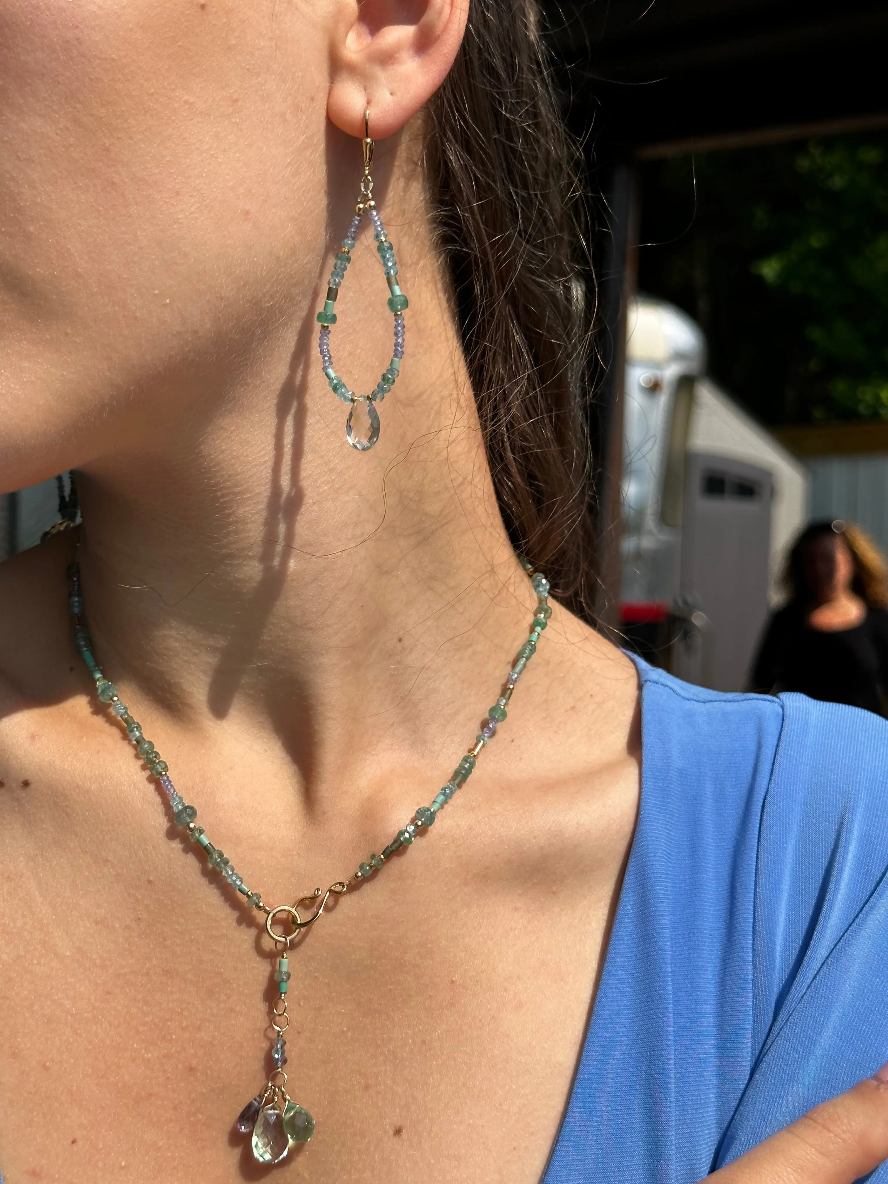 Gold Leverback Earrings with Green Amethyst, Emerald, Turquoise, Tanzanite