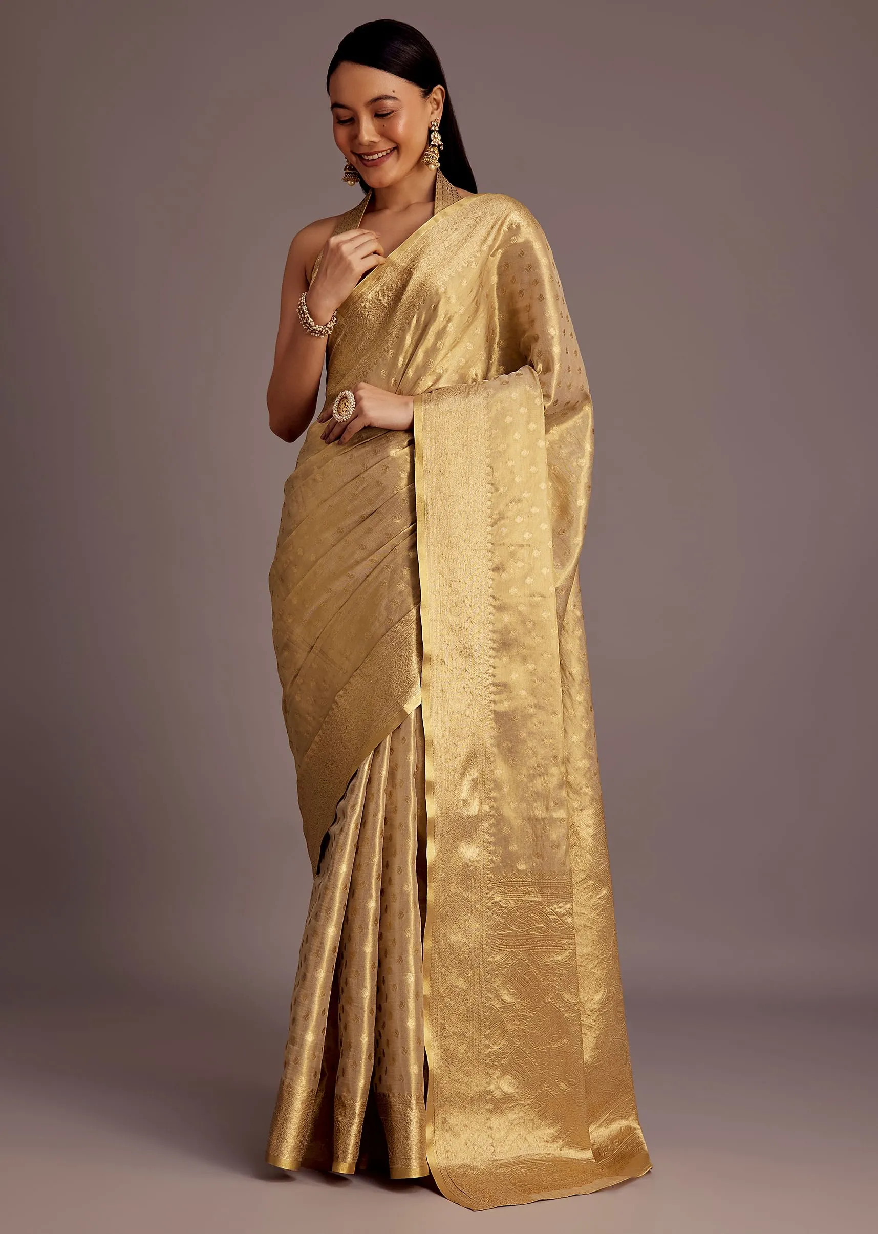 Gold Silk Saree With Jaal Work