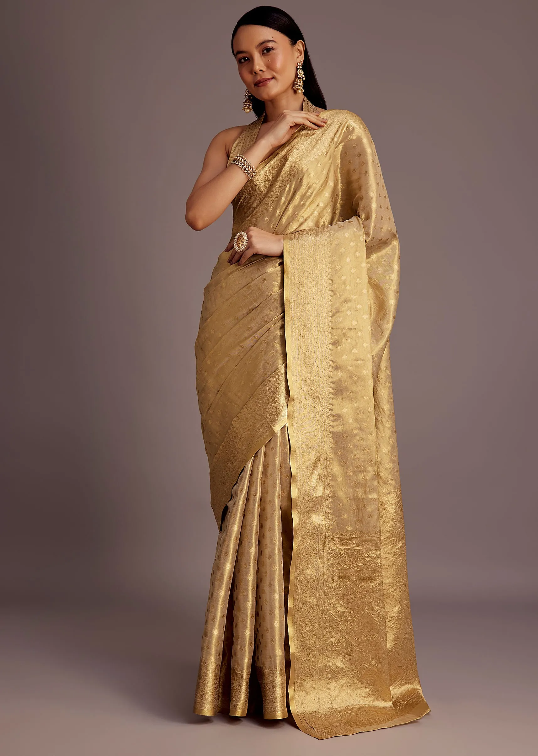 Gold Silk Saree With Jaal Work