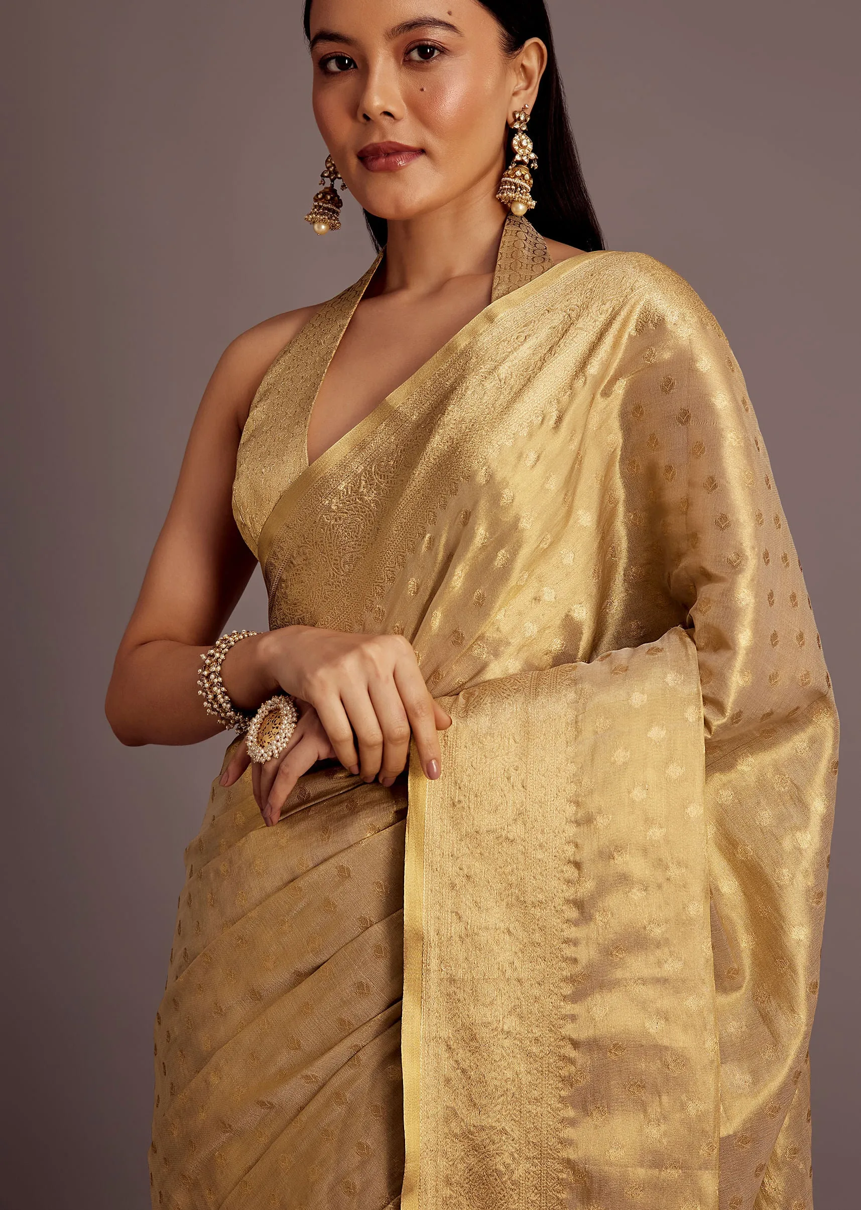 Gold Silk Saree With Jaal Work