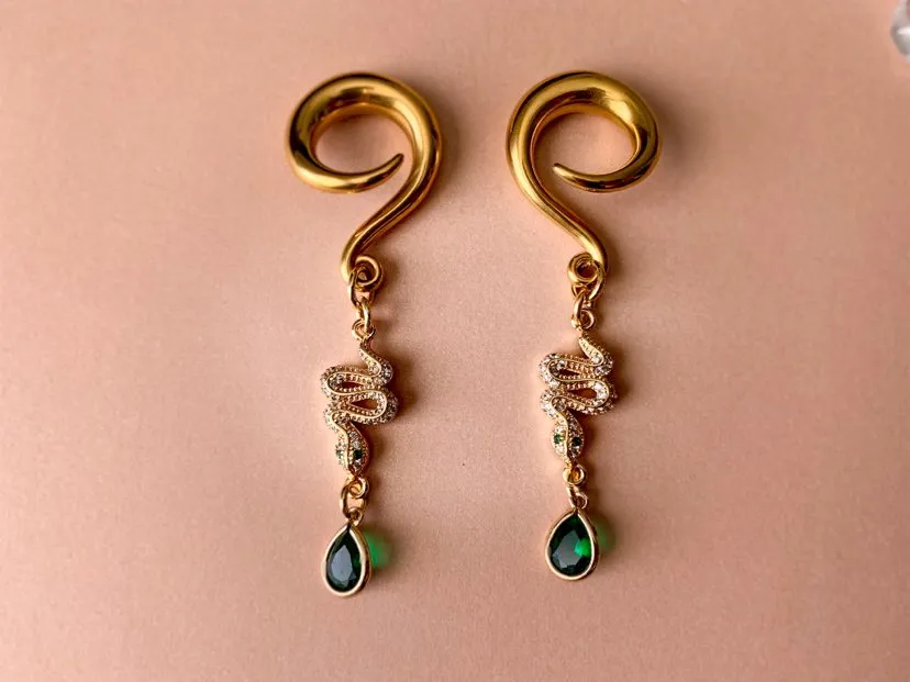 Gold Snake Charm With Zircon & Green Jewel Accents