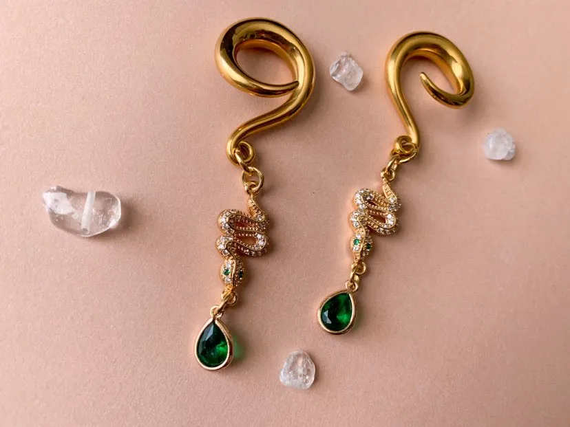 Gold Snake Charm With Zircon & Green Jewel Accents