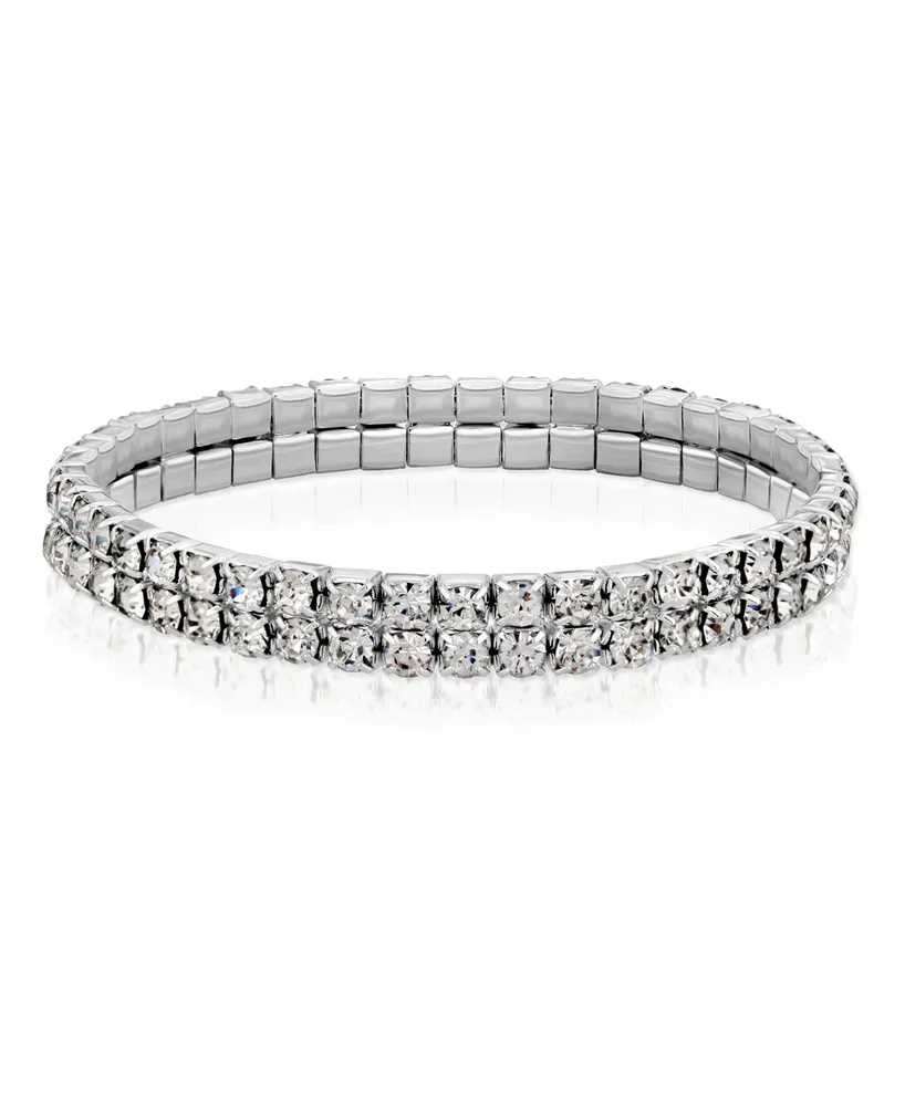 Great Gatsby 1920's Flapper Bridal 2 Row Rhinestone Stretch Bracelet - Silver 2 Row