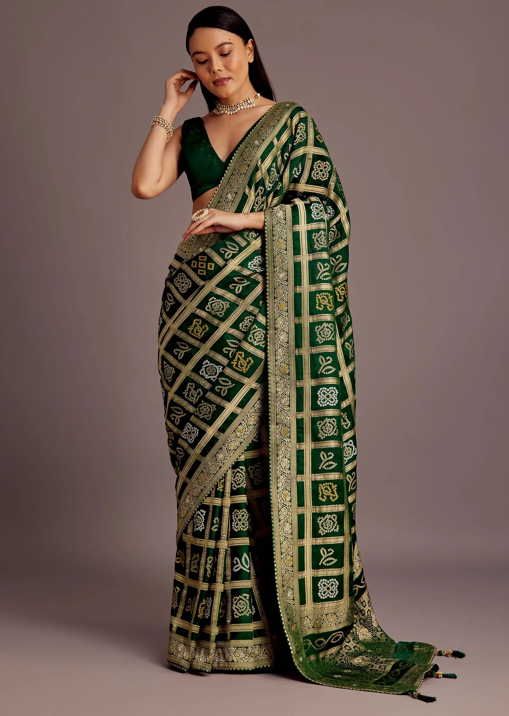 Green Silk Bandhani Woven Saree