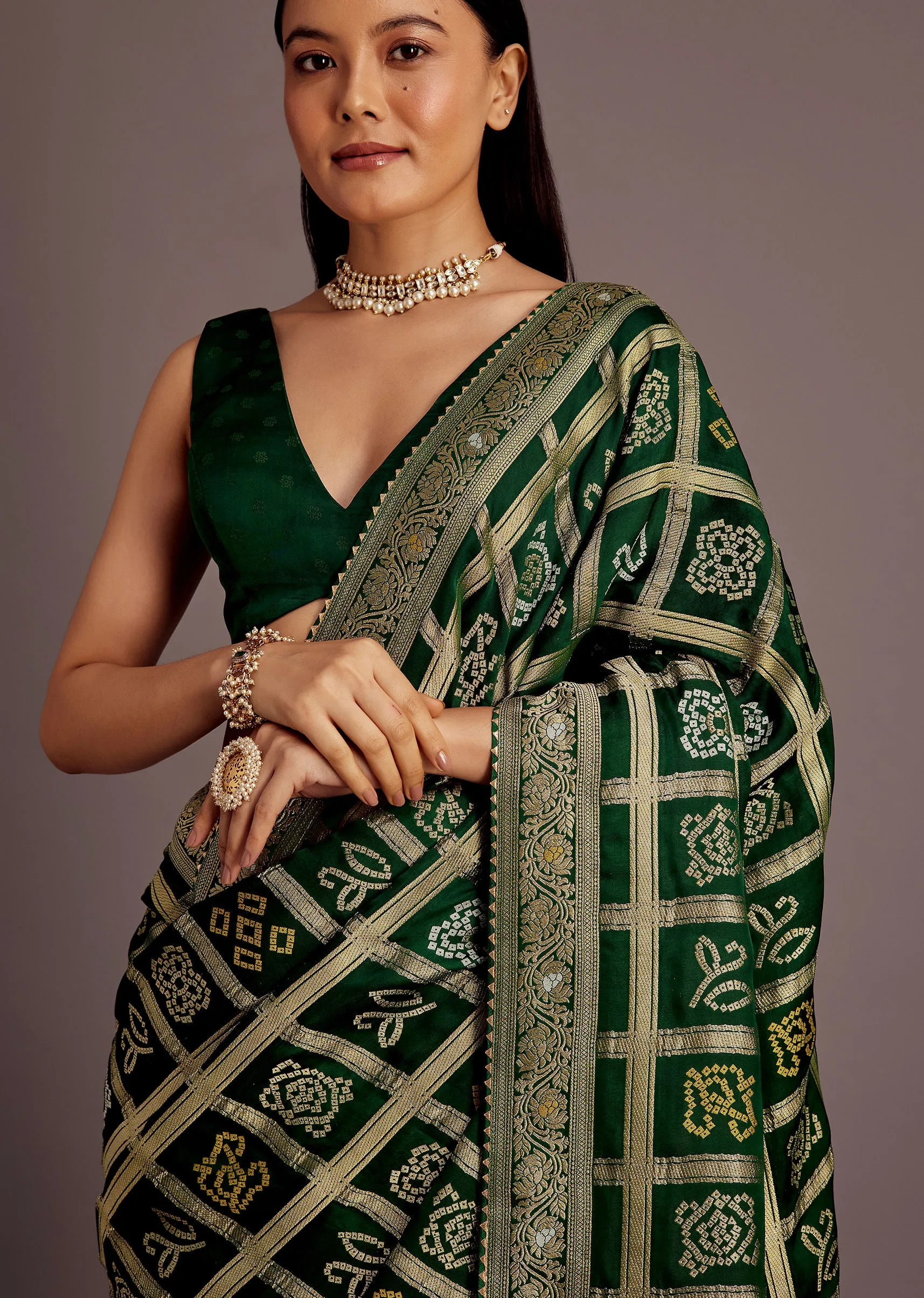 Green Silk Bandhani Woven Saree