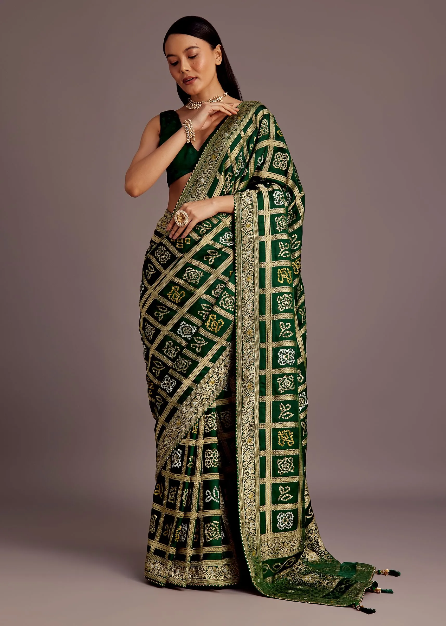 Green Silk Bandhani Woven Saree