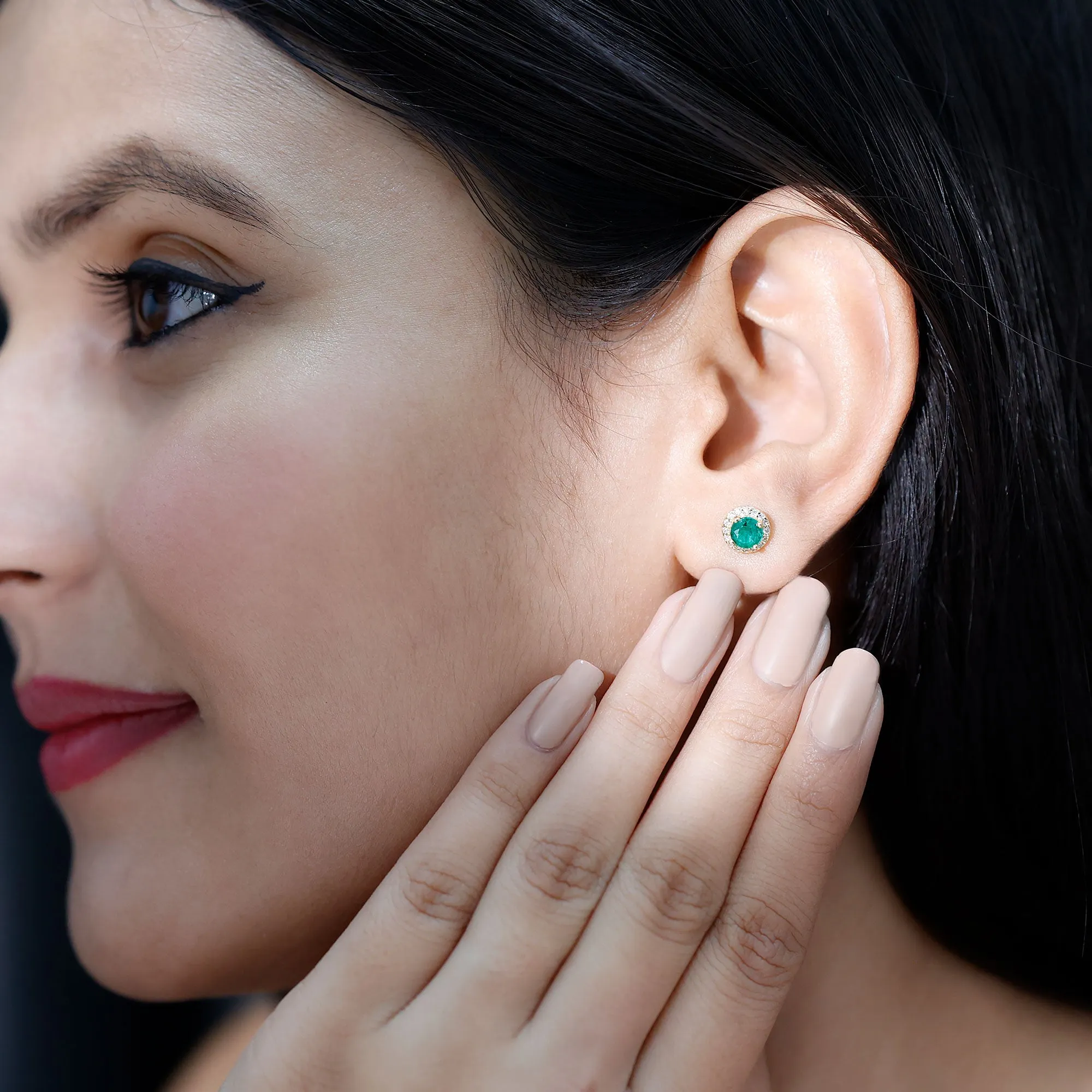 Halo Stud Earrings with Emerald and Diamond