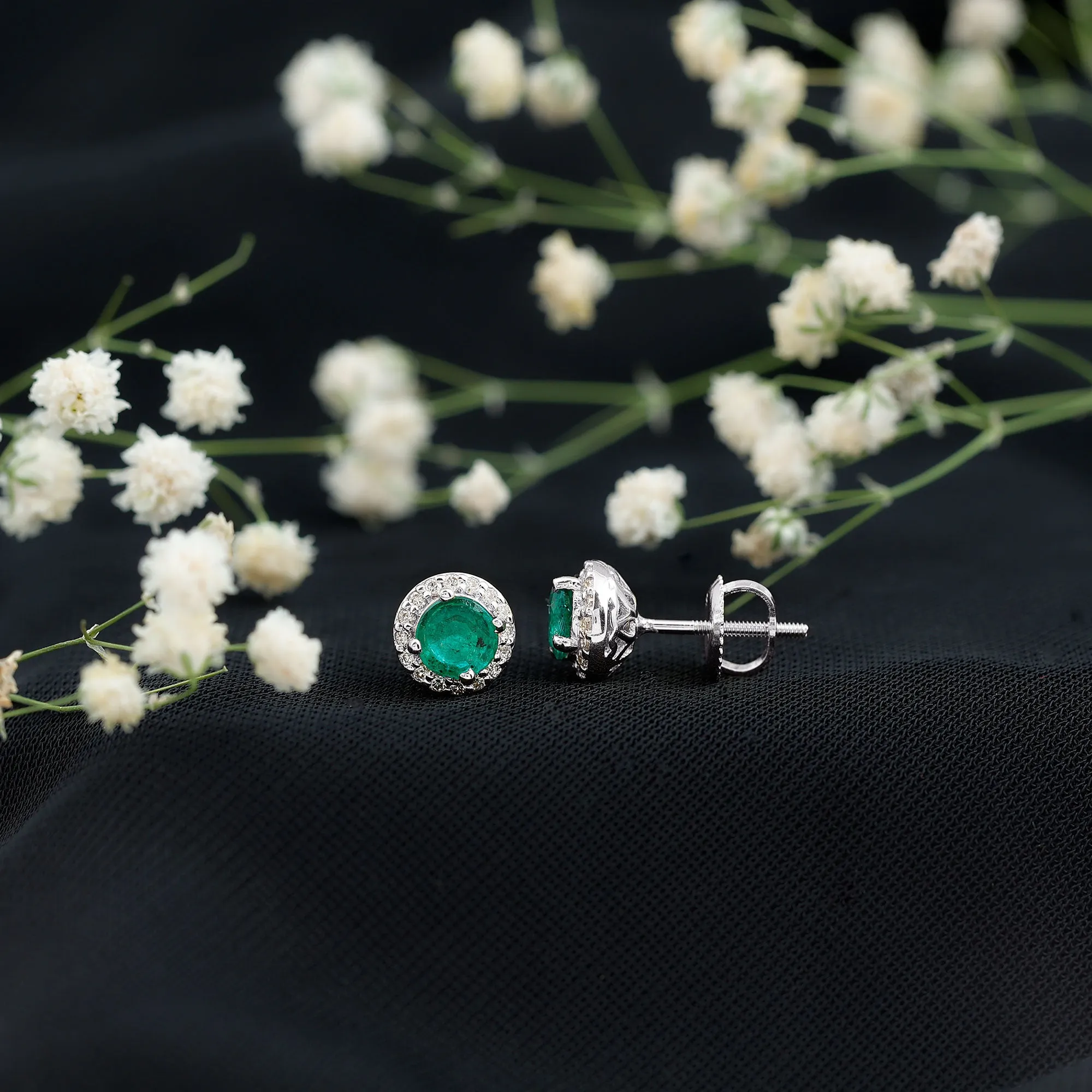 Halo Stud Earrings with Emerald and Diamond