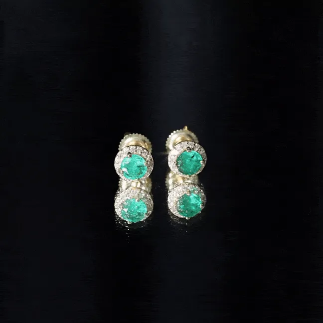 Halo Stud Earrings with Emerald and Diamond