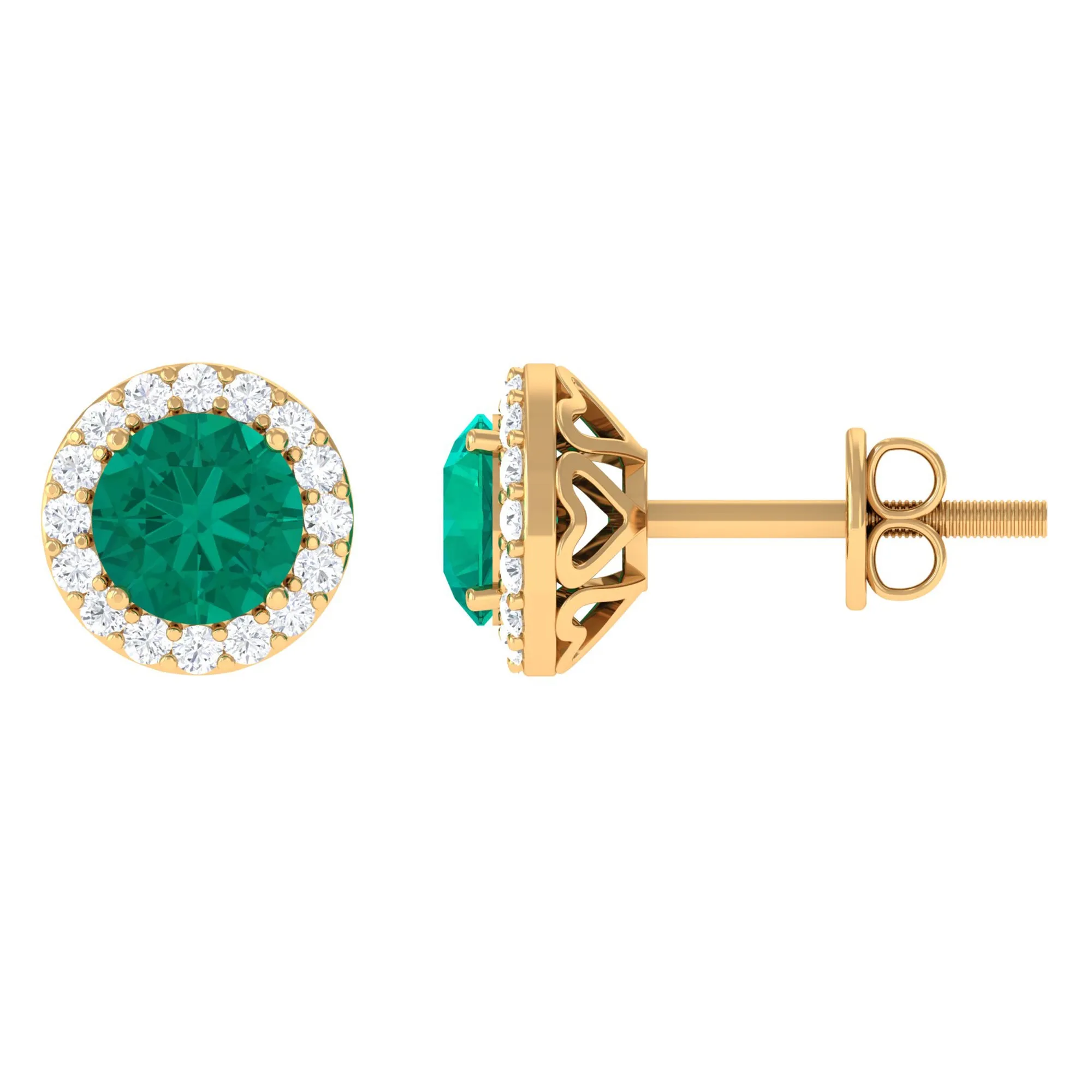 Halo Stud Earrings with Emerald and Diamond