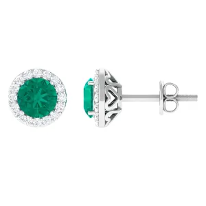 Halo Stud Earrings with Emerald and Diamond