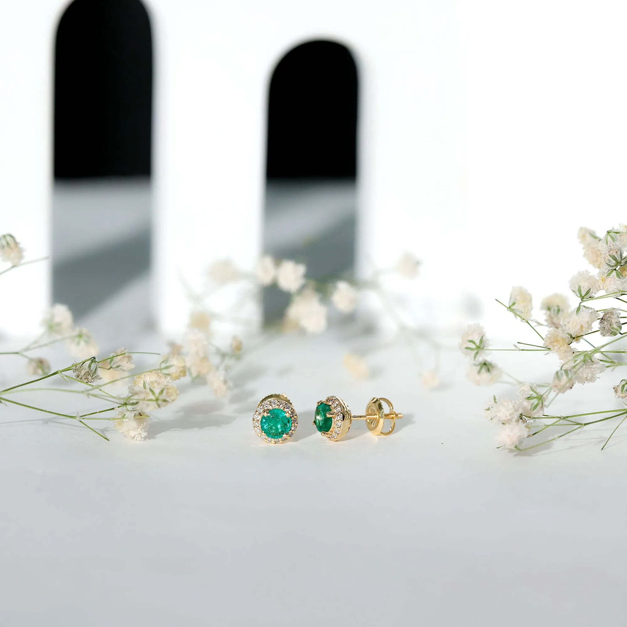 Halo Stud Earrings with Emerald and Diamond