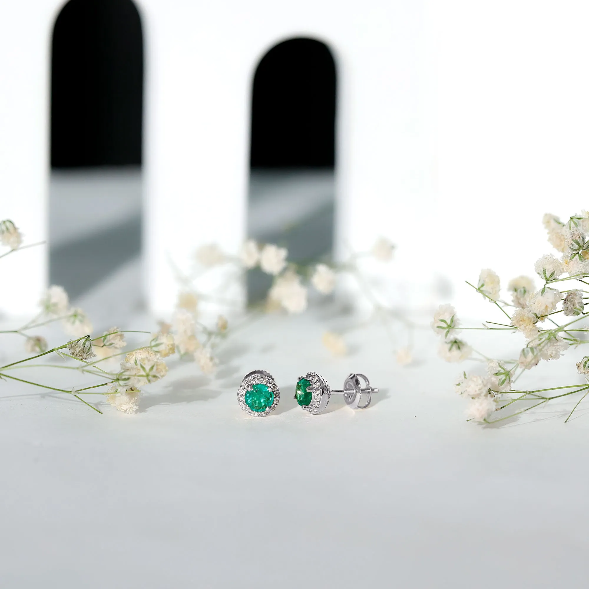 Halo Stud Earrings with Emerald and Diamond
