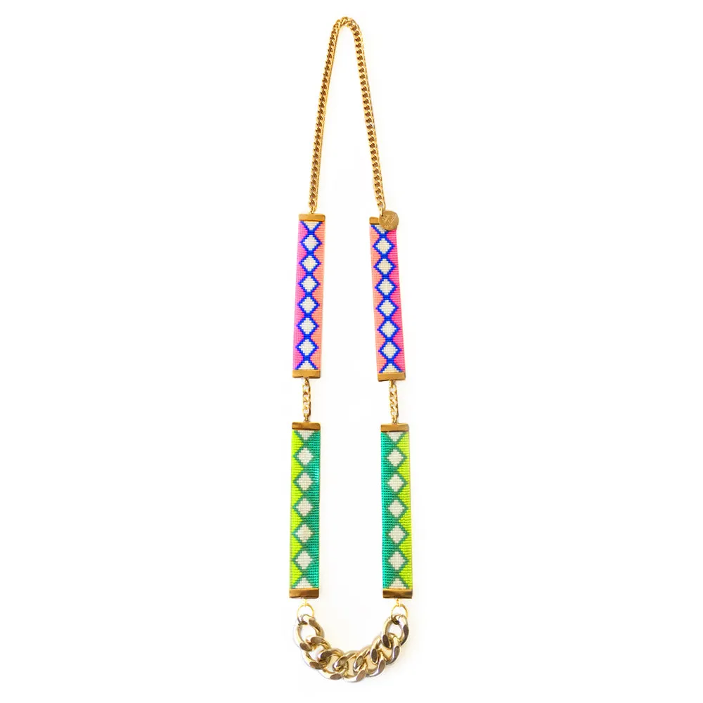 Ibiza Woven Beaded Necklace - lime and coral