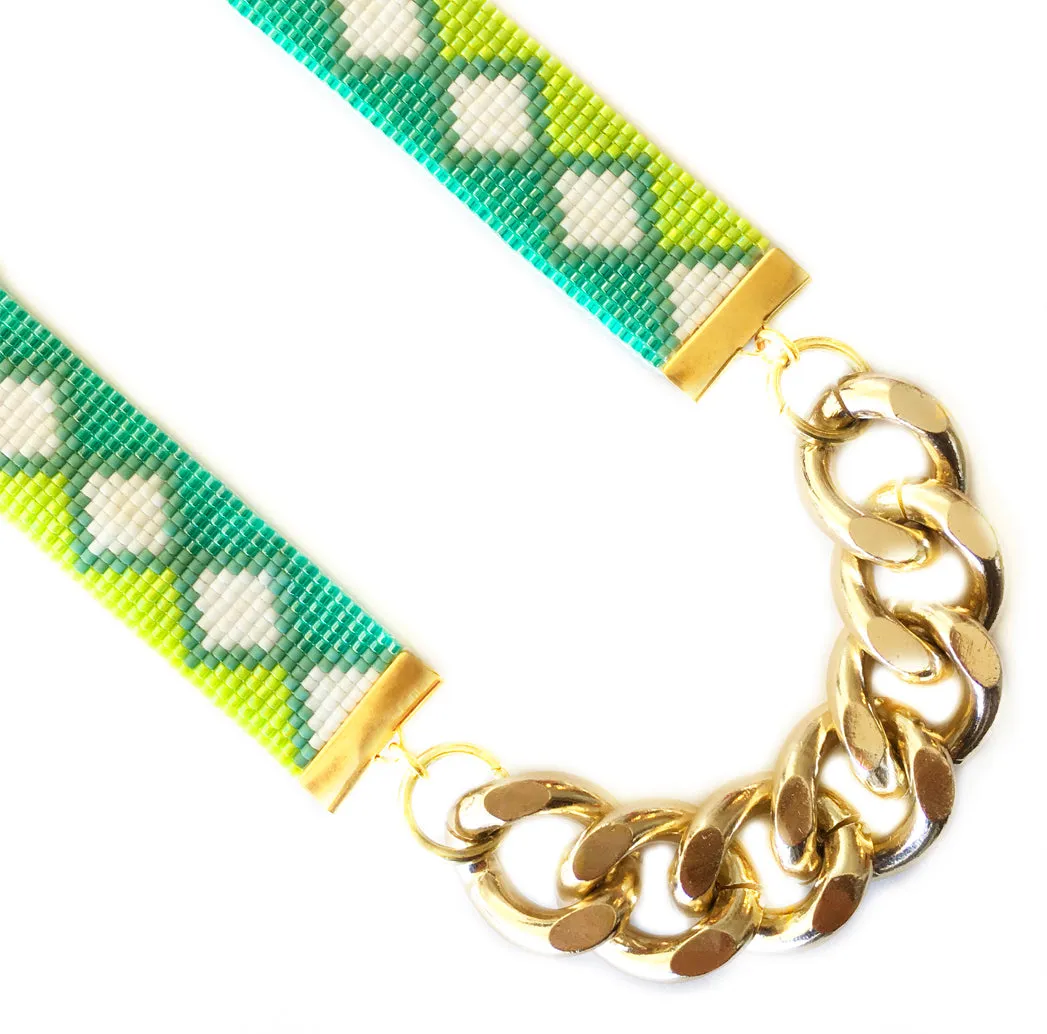 Ibiza Woven Beaded Necklace - lime and coral