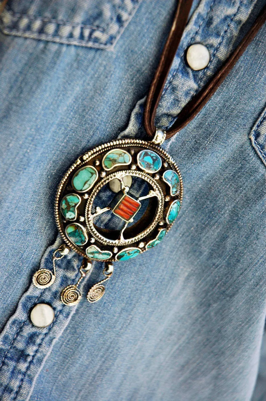 Inlaid Tibetan Pendant on Leather Cord